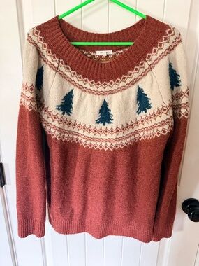Maurices Rust Orange and Cream Tree Fair Isle Sweater
